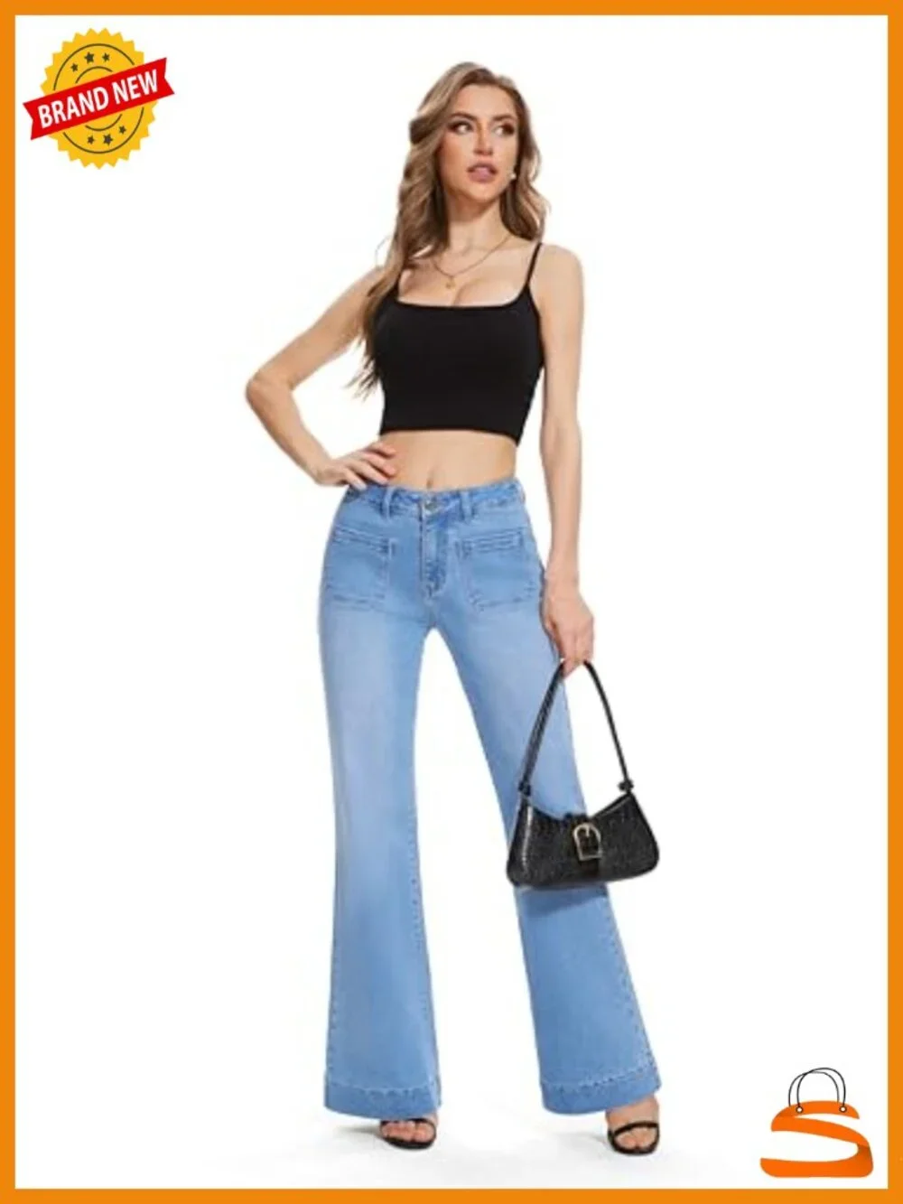 High Rise Flare Wide Leg Bell Bottom Jeans Stretch Denim with Pockets